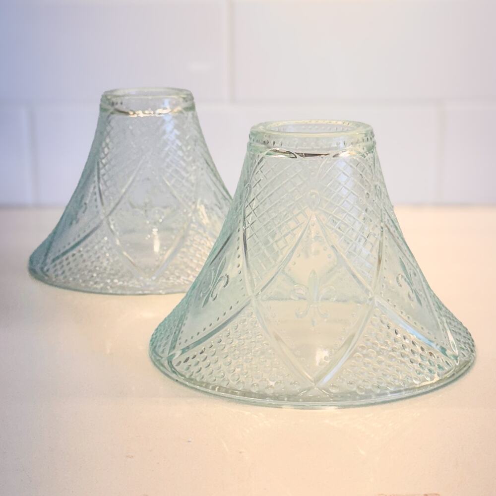 Vintage Clear Glass Fleur De Lis Lamp Shades | Diamond Lattice Bell, Set of 2